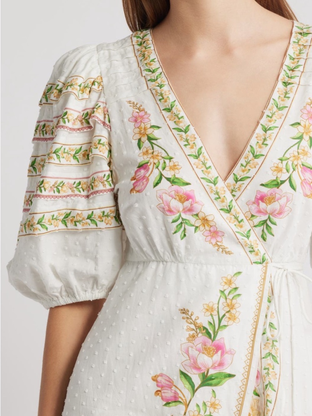 FARM Rio White Midi Wrap Dress with Pink & Yellow Floral Embroidery - Picture 4 of 9